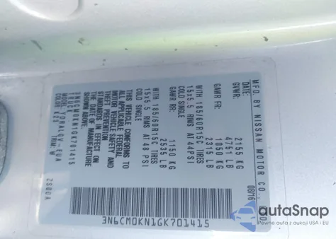 2016 Nissan Nv200 Sv from USA, damaged, VIN 3N6CM0KN1GK701415